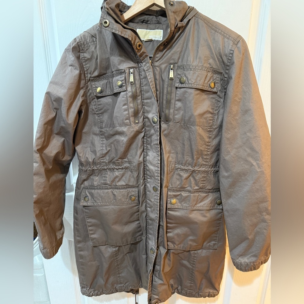 Michael Kors Heavy Duty Khaki Utility Jacket Mid-Thigh Length Waxy Look